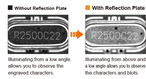Without Reflection Plate:Illuminating from a low angle allows you to observe the engraved characters.-------With Reflection Plate:Illuminating from above and a low angle allows you to observe the characters and blots. (image)
