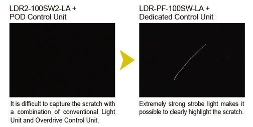 
							LDR2-100SW2-LA + POD Control Unit
							It is difficult to capture the scratch with
							a combination of conventional Light
							Unit and Overdrive Control Unit.
							LDR-PF-100SW-LA + Dedicated Control Unit
							Extremely strong strobe light makes it
							possible to clearly highlight the scratch.
							